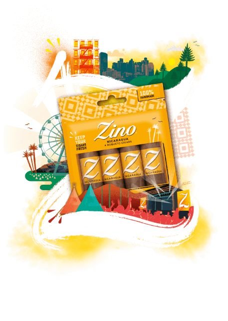 Bunte und lebendige Illustration einer Zino Nicaragua Zigarre in einem Freshpack mit dem Motiv von A bis Z